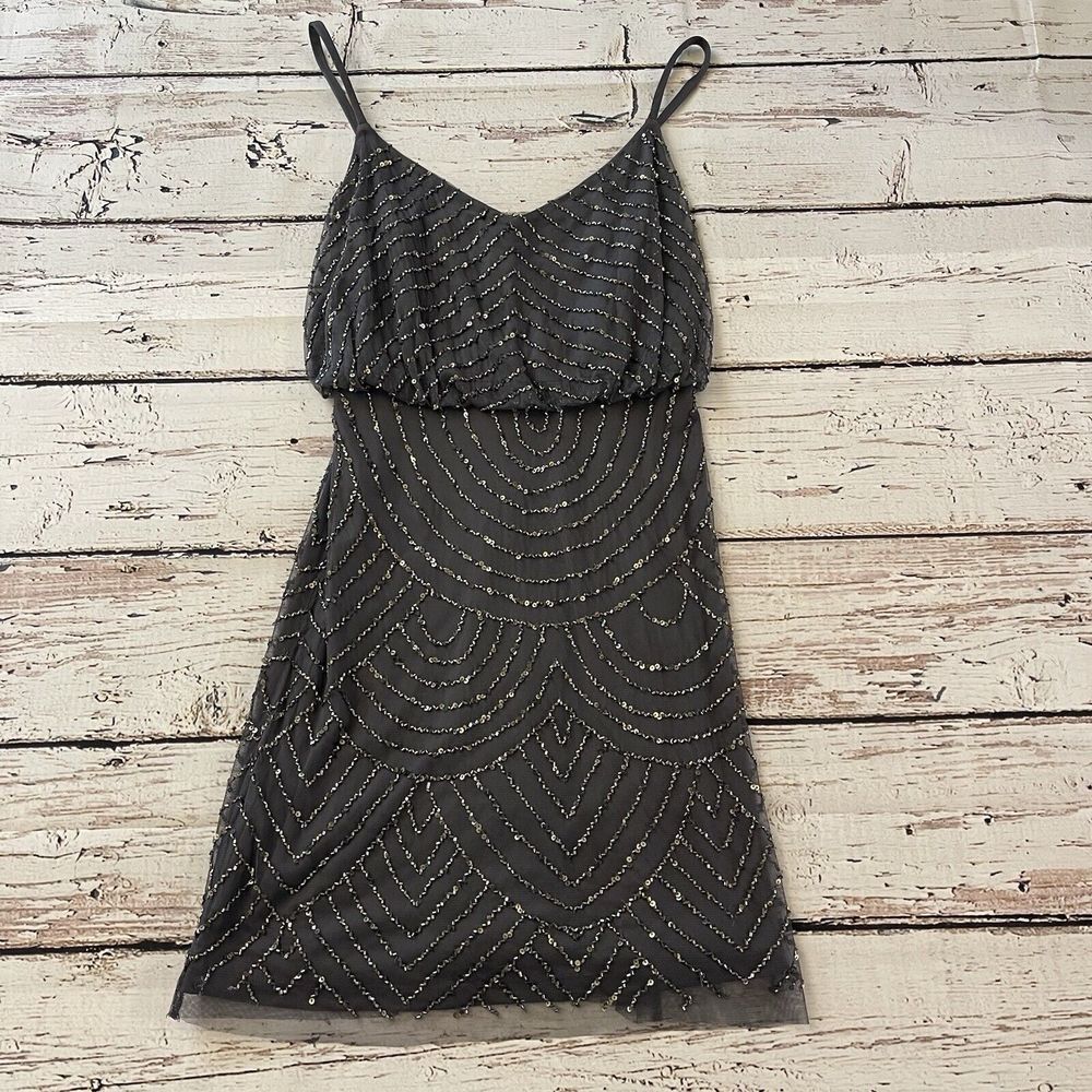 Adrianna Papell‎ Art Deco Sequin Blouson Dress in Black Mercury Size 4 Women's